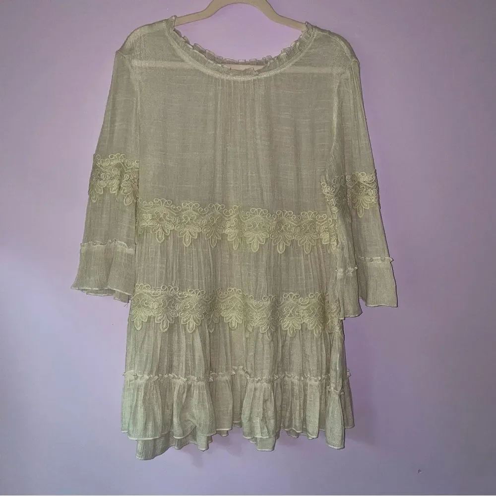 Indigo Soul M Blouse Tiered Gauzy High Neck Flounce Tan Cream